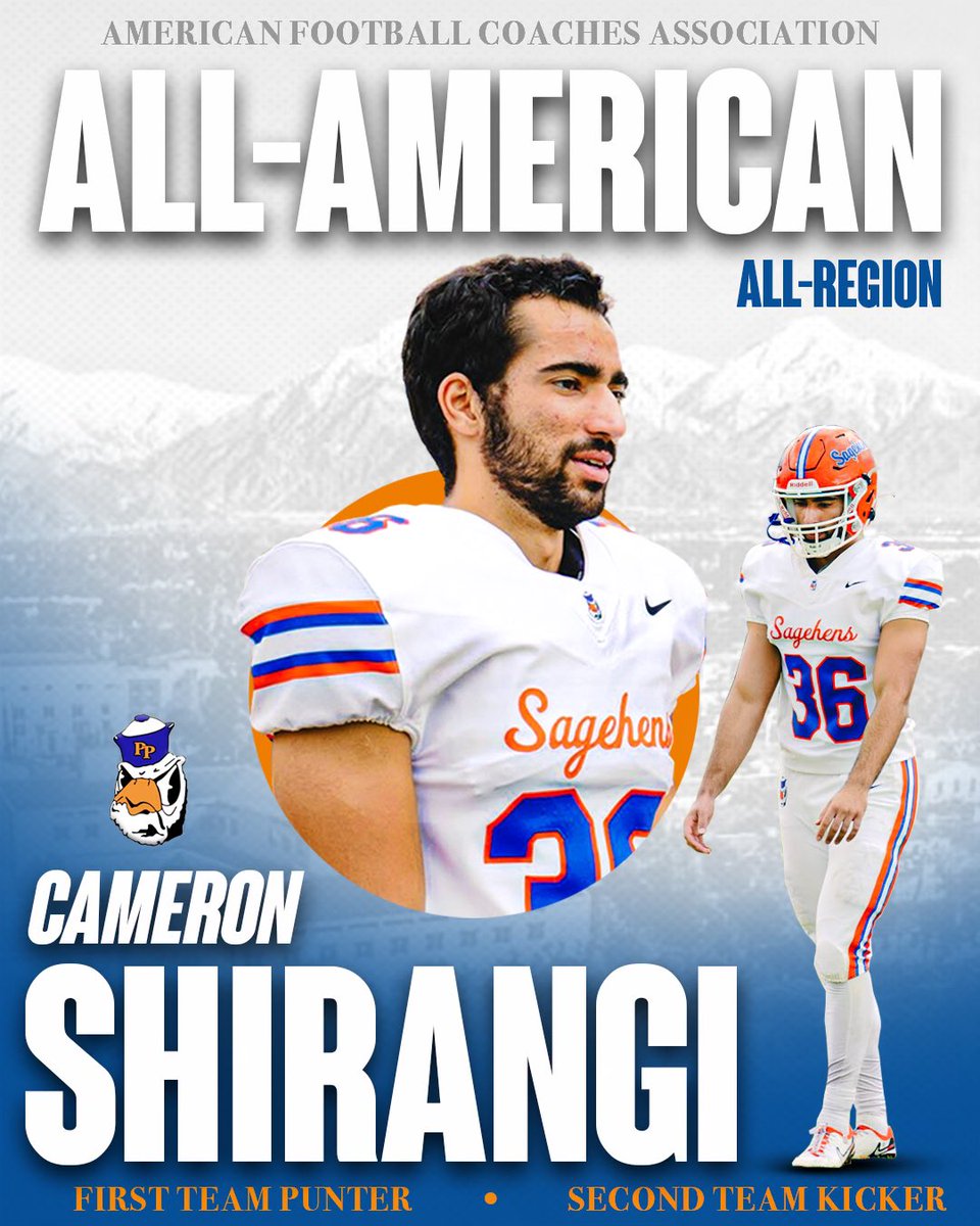 HensFootball's tweet photo. Senior K/P, Cameron Shirangi, was named an AFCA All-American. Cam made First Team as a punter and Second Team as a kicker, as he became the first ever student-athlete to be named an AFCA All-American at two positions! Cam was also First Team All-Region!

#gosagehens #sagehenfb https://t.co/tQmRZ53bMI