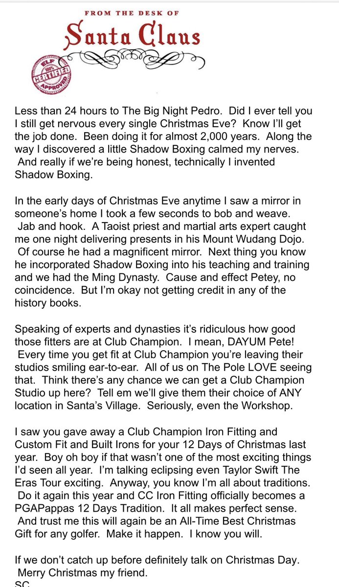 Letters from Santa DAY 12 PGAPappas 12 Days of Christmas Golf Giveaway 🎁 Full SET of IRONS of Your Choice (Custom Built) and Iron Fitting at Club Champion #JingleBAM To enter: 🎄 Repost 🎄 Follow @PGAPappas and @clubchampmedia #ReleaseTheKringle! pgapappas.blogspot.com/2023/12/letter…