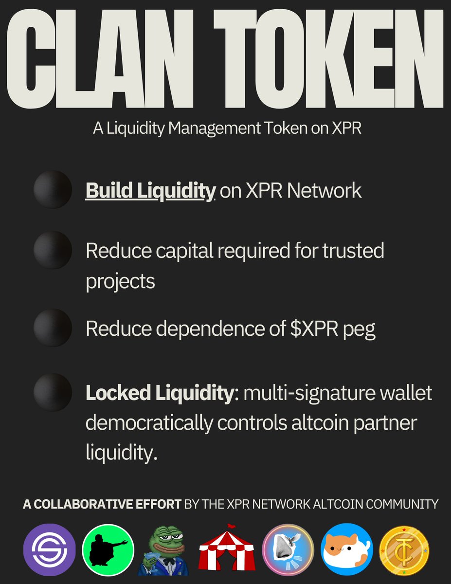 Happy to introduce $CLAN, a collaboration between SEVEN altcoin communities on $XPR Network so far to increase liquidity on chain esp for the alt community. Our CLAN/STRX pool & farming rewards are live on Alcor (proton.alcor.exchange/farm)! Learn more »» t.me/clanxpr