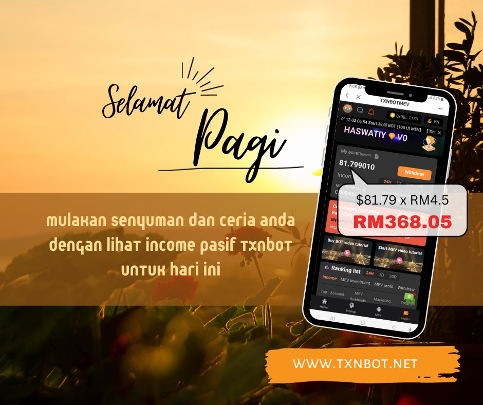 Txnbotnet's tweet photo. Masalah duit selalu ganggu mood pagi kan? Tapi kalau hari2, celik mata tengok duit masuk kan best. Hidup pasti ceria. Jadi mulakan income pasif anda bersama kami di TxnBot. Klik link https://t.co/uHzyayI5op untuk bermula. #txnbot #txnbotnet #autopassiveincome #dailyprofit https://t.co/BhKnq8OCyz