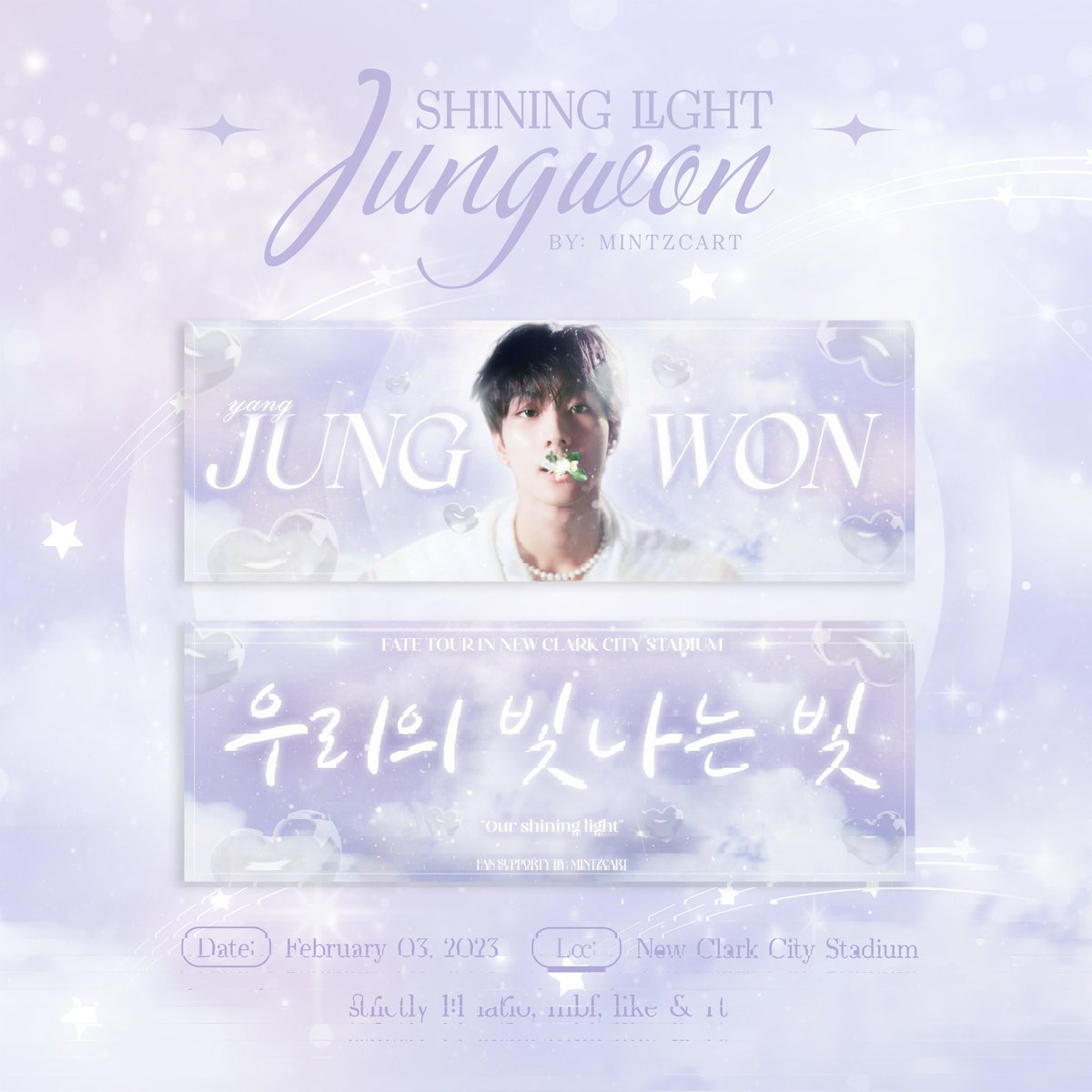 mintzcart's tweet image. ♡₊˚ 🦢・𝐨𝐮𝐫 𝐬𝐡𝐢𝐧𝐢𝐧𝐠 𝐥𝐢𝐠𝐡𝐭 ₊✧⋆⭒˚｡⋆

—  a fan project for #JUNGWON 🫧

↪ mbf, rt &amp;amp; like
↪ 1:1 ratio, limited quantity
↪ open for trades