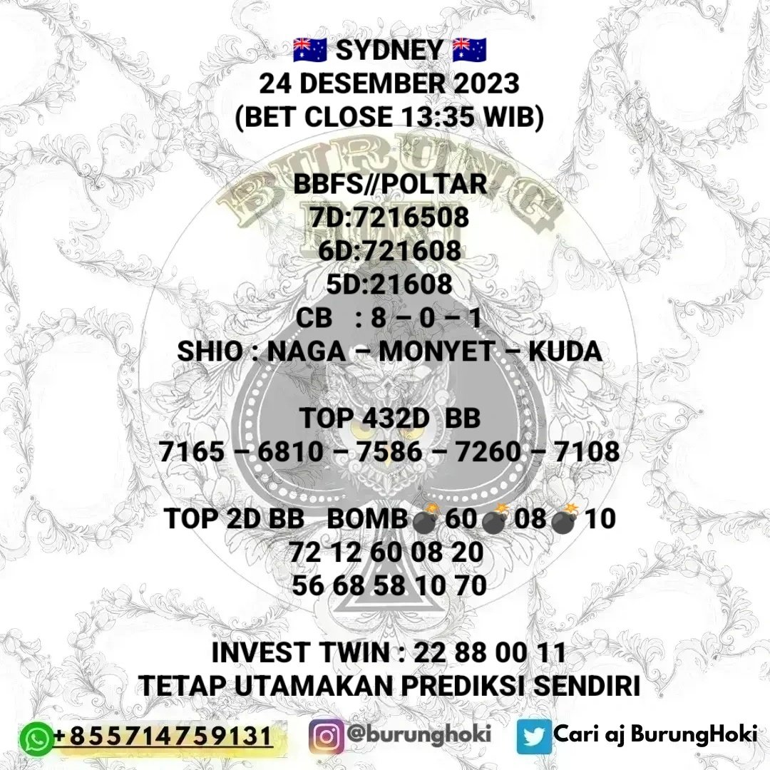 PrediksiTogelBH's tweet photo. Prediksi BurungHoki untuk (SYDNEY 24/12/2023)
Jadikan perbandingan Tetap Utamakan Prediksi Sendiri.
Join Group dan situs terpercaya? silakan cek profile saja ya guys
#inatogel #prediksitogel #bocorantogel #togelovers #togelsydney #togelsdy #prediksisdy #angkajitu #angkatogel https://t.co/lDwiRmg0AP