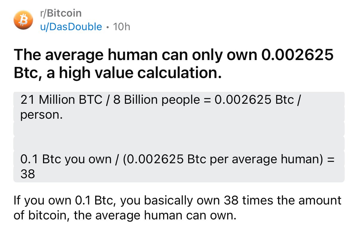 0.1 #BTC is 38X the amount what the average human can ever own.” -> Which  you can now buy with just 480$ Crazy how early we are: