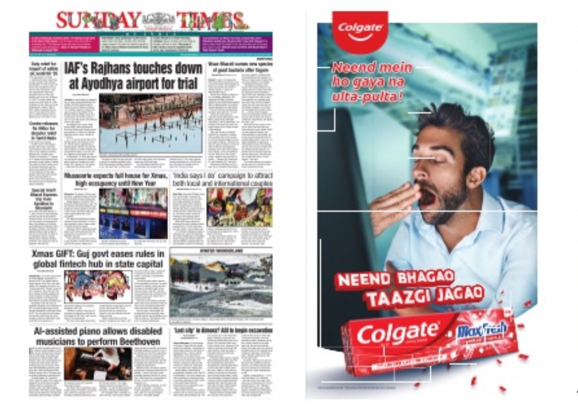 Brilliant piece of advertising in ⁦<a href="/timesofindia/">The Times Of India</a>⁩ today by ⁦<a href="/Colgate/">Colgate Smile</a>⁩ - truly shook world out of slumber 😂 challenges the reader’s intellectually 😁