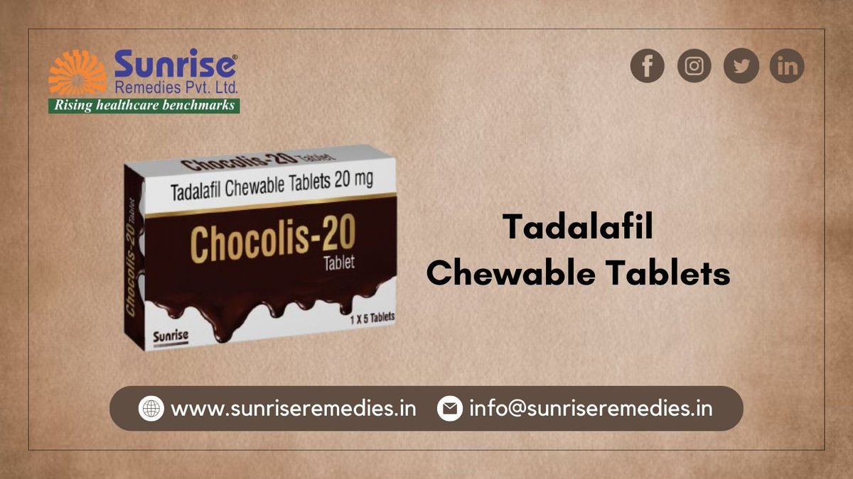 Chocolis Chewable Generic #TadalafilChewable Most Popular Products From Sunrise Remedies Pvt. Ltd.

Read More: sunriseremedies.in/our-products/c…

#ChocolisChewable #TadalafilOraljelly #TadalafilEffervescent #Erectiledysfunction #CureEDProblem #CurePEProblem #MedicineexporterCompany
