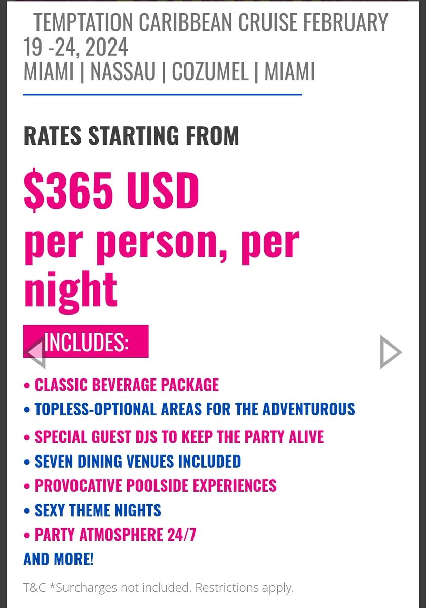 flightnhotels's tweet photo. Book your Temptation Caribbean Cruise 2024 from $365usd pp/in
🔗{https://t.co/4ftGrm1HFo} 

#onboardcredit #miami #floridakey #Nassau #cozumel #Bahamas #Caribbean #Promo #caribbeancruise #forcouples #forsingles #JoshuaWallin #JoshuaVsWallin #DuboisMiller #paobc #swingers https://t.co/yKxLUfEsf9