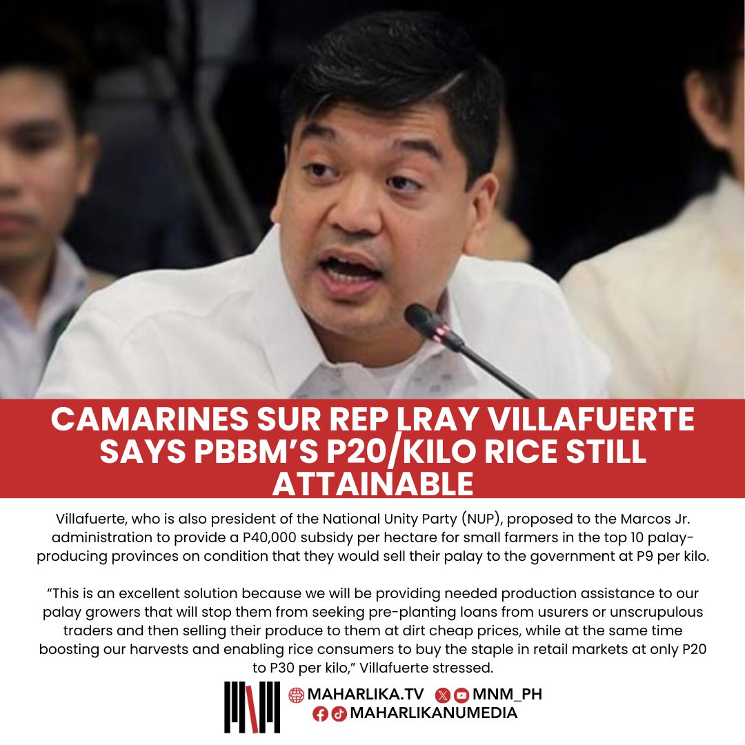 Camarines Sur Rep. LRay Villafuerte has asked the Department of Agriculture (DA) to consider his subsidy-cum-contract-growing proposal.

Read the full article at maharlika.tv/camarines-sur-…

#MaharlikaNuMedia
#MnM
#CamarinesSur
#VILLAFUERTE
#20KiloRice