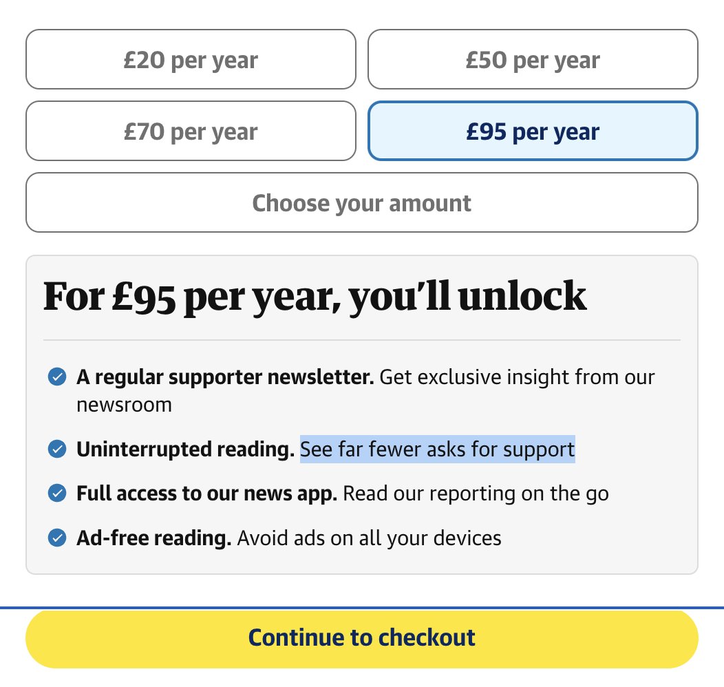 alexduncan's tweet photo. .@guardian is there a subscription tier that has ZERO begging messages? If so how much does that cost?

As a reader for 20+ years and former print subscriber it's the #1 reason I've not subscribed. https://t.co/inqq8TpC76