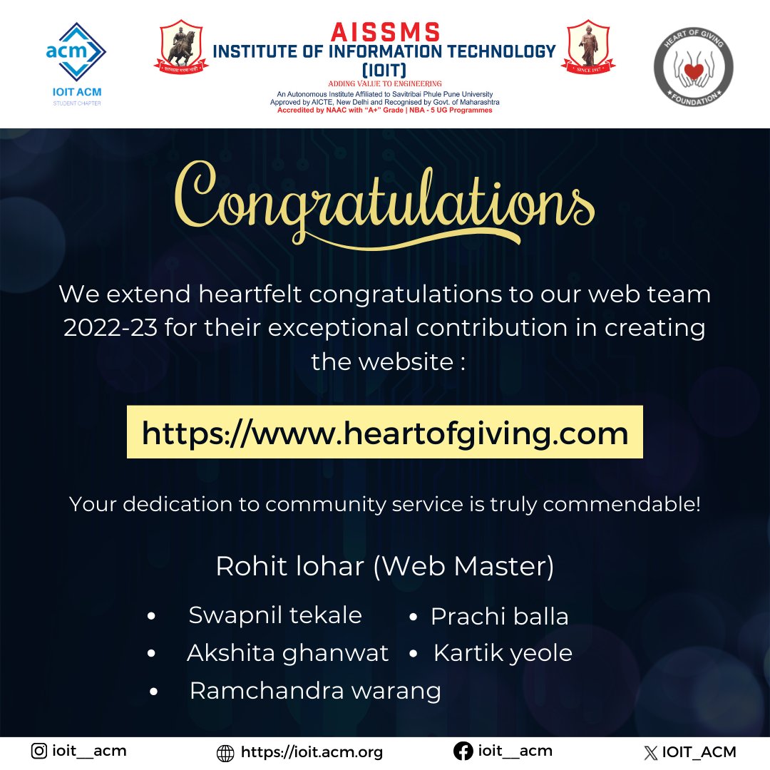 IOIT_ACM's tweet image. The web team of IOIT ACM Student Chapter has created a user friendly website for the 🕊️ Neediva Hrudhya Foundation - Heart of Giving Project. Their hardwork in developing the website heartofgiving.co.in has truly made a significant impact.
#ioitacm #communityservice