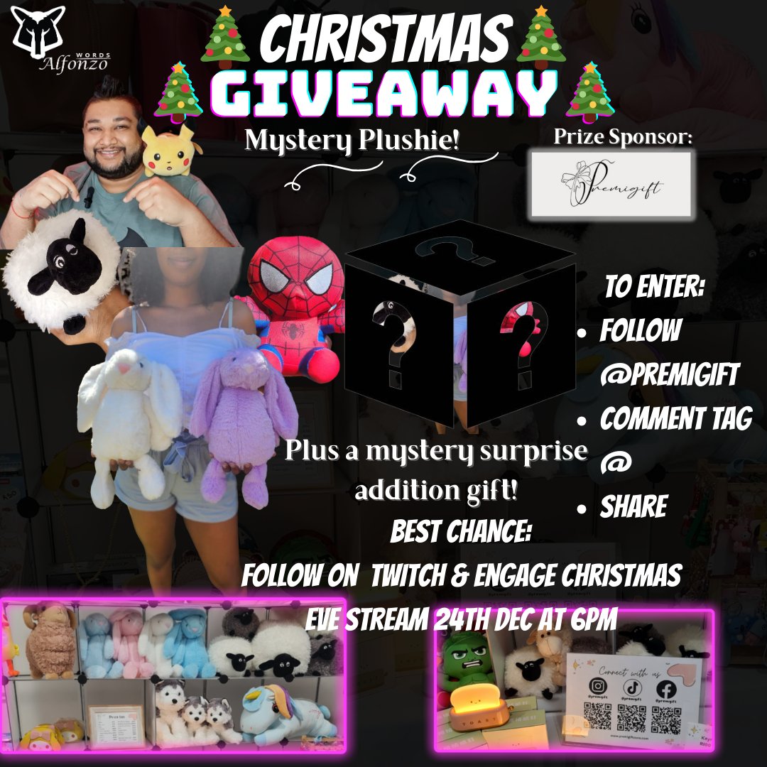 Alfonzowords2's tweet photo. 𝗚𝗜𝗩𝗘𝗔𝗪𝗔𝗬| 🎁🎄Christmas Mystery Plushie 🧸️❓
WIN: Sponsored by @Premigift
#giveaway 

𝗛𝗢𝗪 𝗧𝗢 𝗘𝗡𝗧𝗘𝗥:
❤️ Repost
💙 Comment &amp; tag @ friends
❤️ Follow me &amp; @premigift
BONUS:
🖤🤍Join the #Christmas Eve Stream 24th December 2023 at 6pm 
https://t.co/LK60UM3cWJ https://t.co/cJgqFwbns6