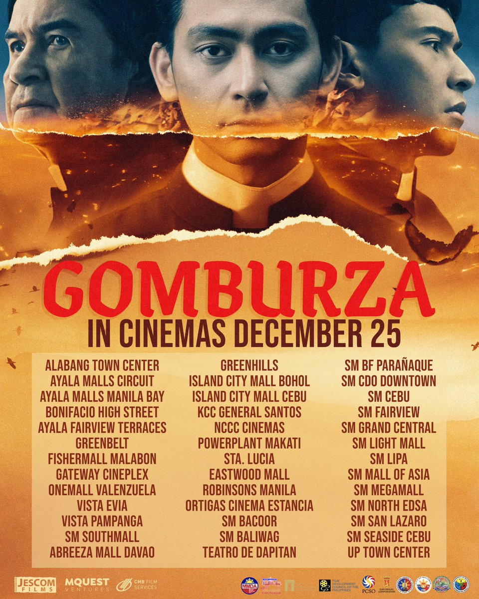 GomBurZaFilm's tweet photo. SAAN MASISINDIHAN ANG ALAB NG PUSO MO? 

Narito na ang mga sinehan kung saan mapapanood ang #GomBurZaFilm! ❤️‍🔥

Dalhin ang inyong pamilya, kaibigan, katrabaho, kasimbahan, o kapitbahay bukas sa alin man sa mga sinehan na ito, at panoorin na ang GOMBURZA! https://t.co/JpGCvMXfMY