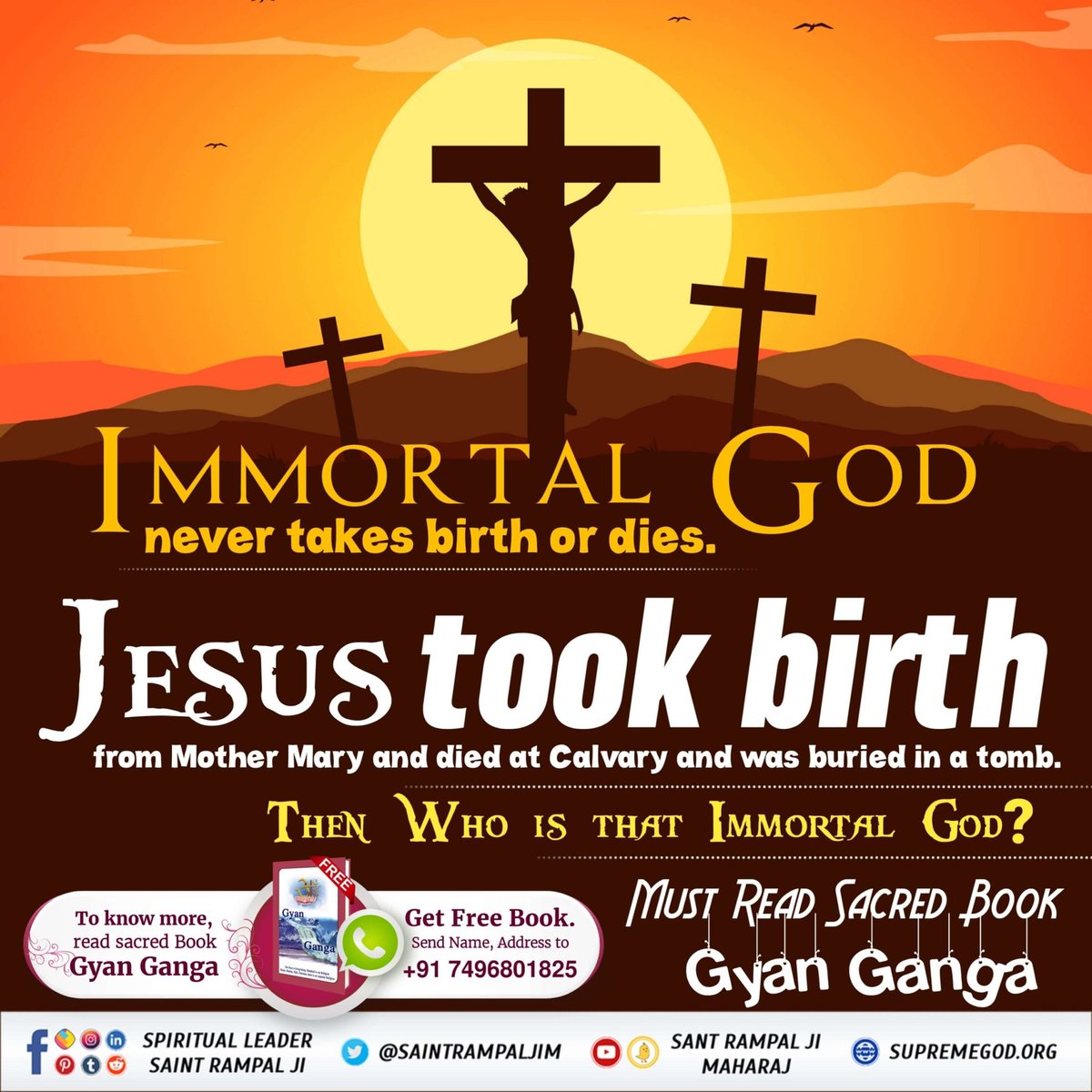 Real__Chandni's tweet photo. #TrueStoryOfJesus
One quality of a true God is that he neither takes birth nor does he die, i.e., He is eternal. But Christ did not fulfill both of these conditions. He took birth from Mary and died at the cross of the Calvary. So, he is not the Lord.
#KabirIsGod https://t.co/kAXRbKHIhP