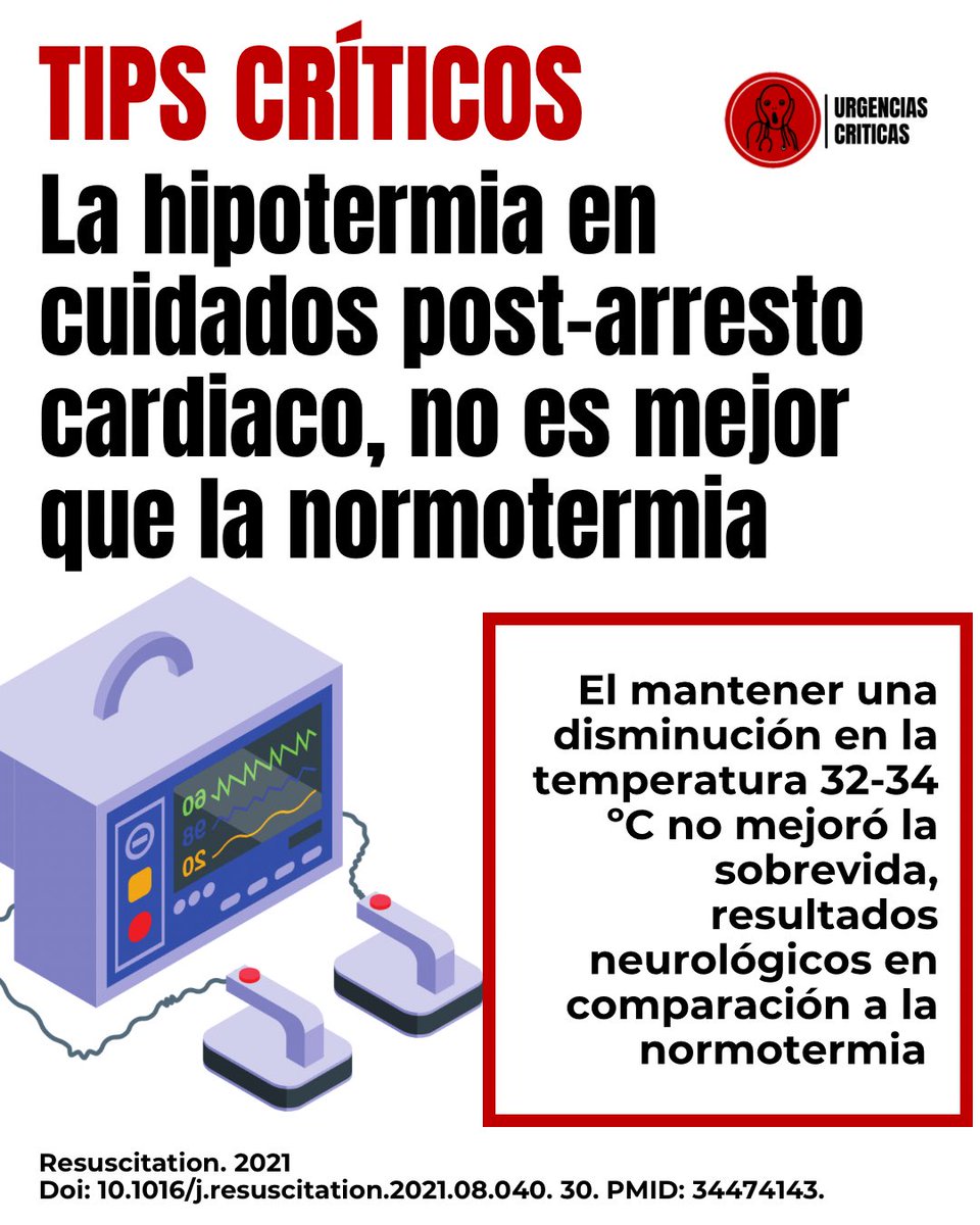 UrgCrit's tweet photo. Mantener una temperatura de 32-33ºC no mejoró los resultados en comparación a la normotermia en cuidados post-paro cardiaco. 🫀 https://t.co/V0rF3bANjk