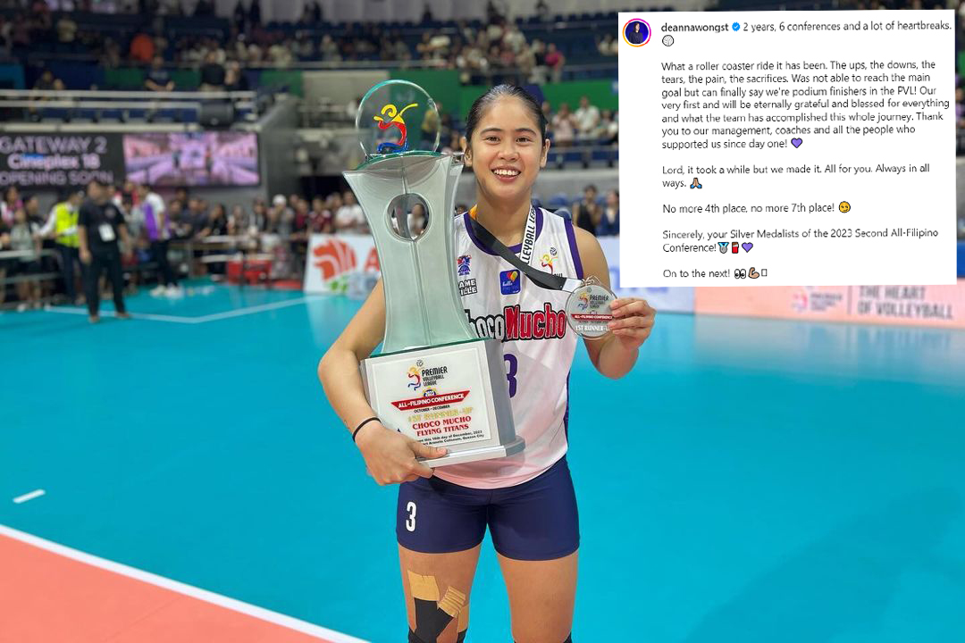 OneSportsPHL's tweet photo. Not 7th, not 4th, but a shining, shimmering 🥈!

Boss D keeps on fighting the Titan way, for sure. 💜

📸 Instagram | @deannawongst

#PVL2023 #TheHeartofVolleyball https://t.co/mLOYKiHc1T