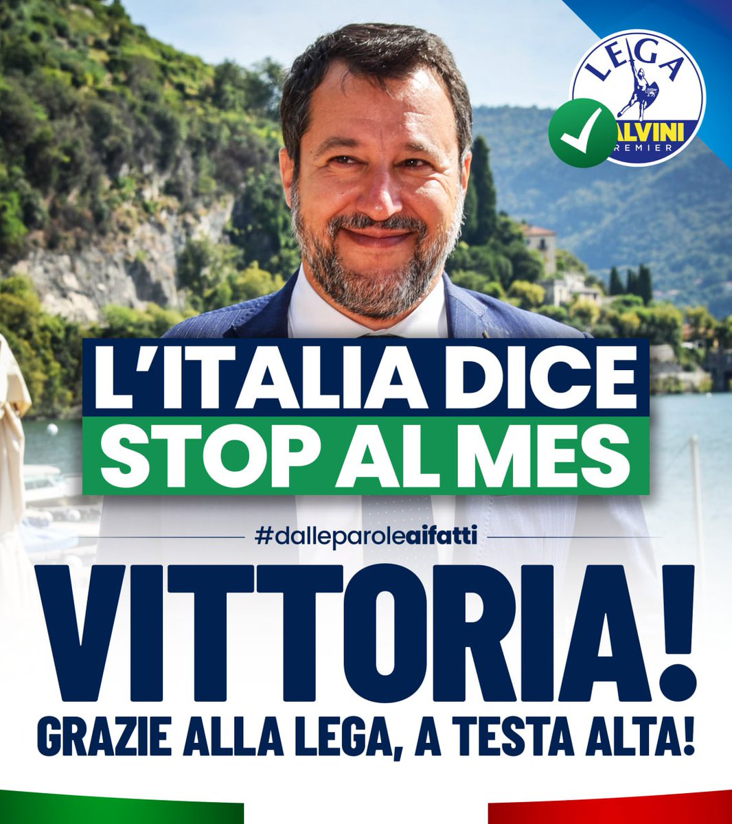 iovotoLEGA's tweet photo. ✅ VITTORIA: Il Parlamento boccia il Mes: pensionati e lavoratori italiani non rischieranno di pagare il salvataggio delle banche straniere. E pazienza se a sinistra si arrabbieranno. 
Una battaglia della Lega combattuta per anni e finalmente vinta. https://t.co/ngj1VAbSGb