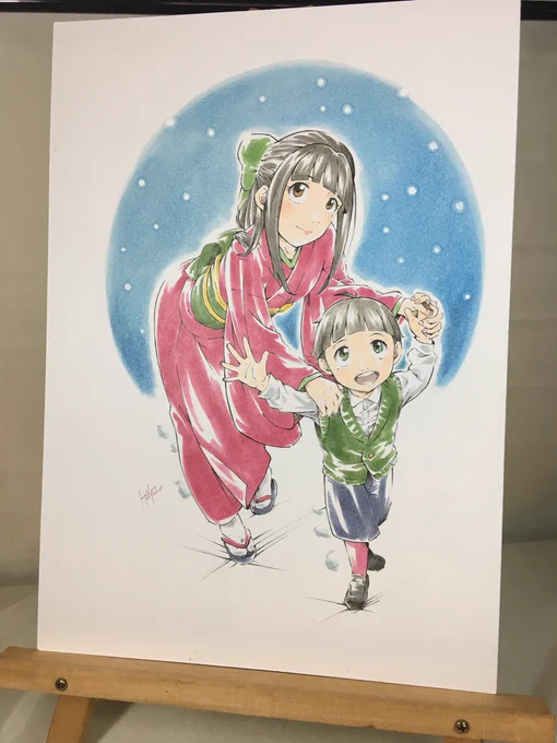イラストボードにコピックで着色 カラー版 ホワイトクリスマス 「沙依と時弥」 クリスマスの今日明日だけネットプリント登録しました セブンイレブンです ヨロシクお願いします  ハガキサイズ版 フォトLサイズ版 普通B5サイズ版