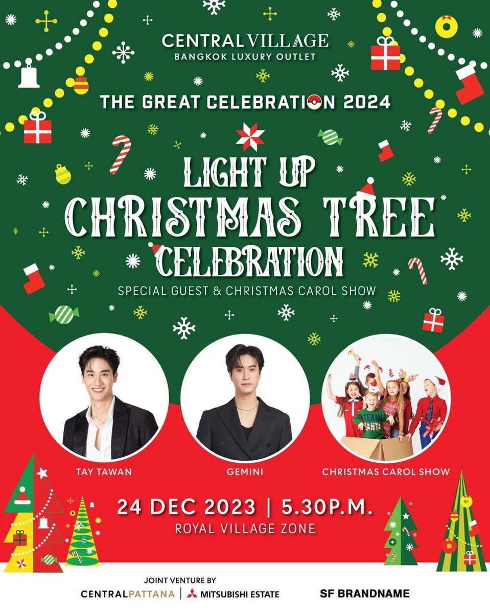 taytawanfc's tweet photo. 📆  24 ธ.ค. (วันนี้)

✨ Central Village Light Up Christmas Tree 2023
🕕 17.30 น.
📍 บริเวณลานน้ำพุ Royal Village Zone
Celebration 2024 Central Village

#Tawan_V https://t.co/TKuR0IAQ0l