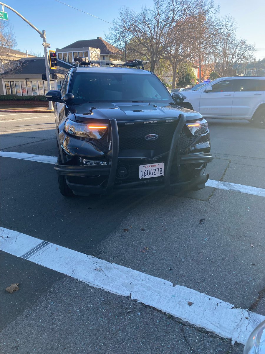 SanRafaelPolice's tweet photo. IT COULD HAVE BEEN WORSE - STOP FOR EMERGENCY LIGHTS AND SIREN:

This afternoon, just after 3 PM, an SRPD officer was driving with emergency lights and siren while trying to respond to an emergency domestic violence incident that was in progress.  The officer was heading westbound on Fifth Avenue approaching the intersection with Irwin Street in Downtown San Rafael.

Emergency vehicle preemption was working and had turned the westbound Fifth Avenue traffic signal to green while turning the Irwin Street traffic signal to red.

As the officer entered into the intersection, a vehicle traveling northbound on Irwin Street ignored the emergency lights, siren, and red traffic signal light and went into the intersection.

The officer tried to stop but it was too late.  The vehicles collided.  Fortunately, the driver of the vehicle was not injured and the officer only suffered a minor injury.  

Drugs and alcohol were not suspected in this collision and no arrests were made.

This serves as a reminder to yield and stop for emergency vehicles using emergency lights and sirens, it’s the law.

Additionally, it’s important to pay attention to traffic signals, signs, and road markings.  Don’t place yourself and others in harms way by ignoring the rules of the road, and NEVER drive distracted.  This could have been a lot worse.

#SanRafaelPolice #SanRafaelPD #SRPD #Crash #Collision #DriveSafe #StopForEmergencyVehicles #StopForEmergencyLightsAndSiren #StopForRedLights #RulesOfTheRoad #DontDriveDistracted #HeadsUp #TrafficSafety