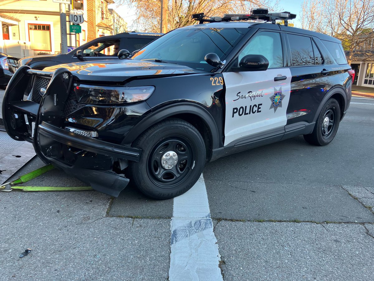SanRafaelPolice's tweet photo. IT COULD HAVE BEEN WORSE - STOP FOR EMERGENCY LIGHTS AND SIREN:

This afternoon, just after 3 PM, an SRPD officer was driving with emergency lights and siren while trying to respond to an emergency domestic violence incident that was in progress.  The officer was heading westbound on Fifth Avenue approaching the intersection with Irwin Street in Downtown San Rafael.

Emergency vehicle preemption was working and had turned the westbound Fifth Avenue traffic signal to green while turning the Irwin Street traffic signal to red.

As the officer entered into the intersection, a vehicle traveling northbound on Irwin Street ignored the emergency lights, siren, and red traffic signal light and went into the intersection.

The officer tried to stop but it was too late.  The vehicles collided.  Fortunately, the driver of the vehicle was not injured and the officer only suffered a minor injury.  

Drugs and alcohol were not suspected in this collision and no arrests were made.

This serves as a reminder to yield and stop for emergency vehicles using emergency lights and sirens, it’s the law.

Additionally, it’s important to pay attention to traffic signals, signs, and road markings.  Don’t place yourself and others in harms way by ignoring the rules of the road, and NEVER drive distracted.  This could have been a lot worse.

#SanRafaelPolice #SanRafaelPD #SRPD #Crash #Collision #DriveSafe #StopForEmergencyVehicles #StopForEmergencyLightsAndSiren #StopForRedLights #RulesOfTheRoad #DontDriveDistracted #HeadsUp #TrafficSafety