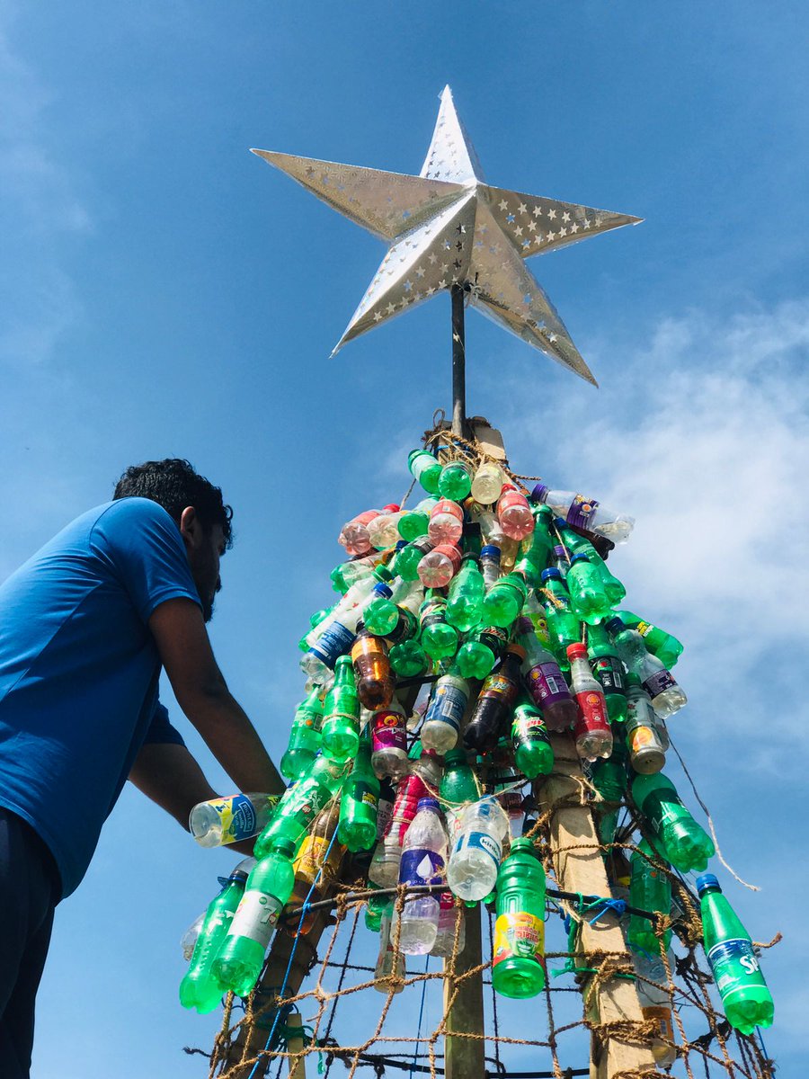 Join today on the final day of constructing the #PETBottleChristmastree at Wellawatta beach Standing 12ft tall against single use plastic where all bottles used are collected from the shorelines of Sri Lanka merry plastic free Christmas 🎄 #merryplasticfreechristmas