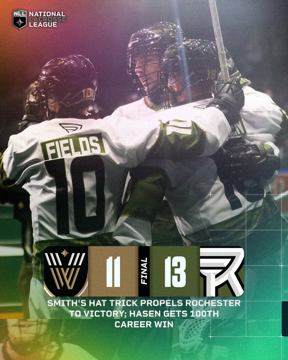 NLL's tweet photo. The @RocKnighthawks improve to 3-0 with a 13-11 win over Vancouver as head coach Mike Hasen gets his 100th career victory.

Ryan Smith lead with 3G/2A, Ryan Lanchbury contributes 2G/5A. Hartley &amp; Hutchcraft combine for 45 saves.

📝: https://t.co/SAPaiVb1Gl https://t.co/iu1M0tE5mG