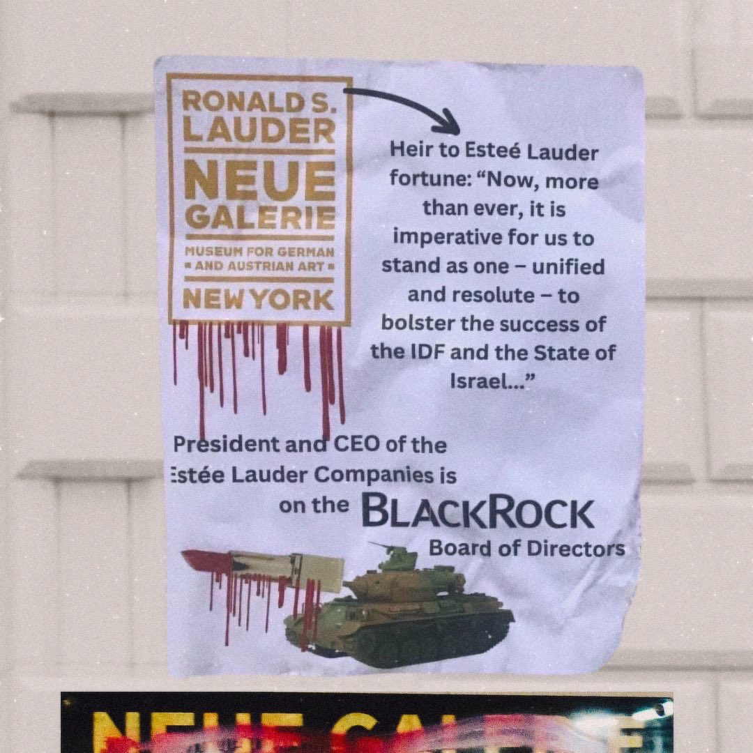Early this morning, an autonomous group of anti-colonial anarchists targeted Neue Galerie on 5th Avenue in New York City for its direct support of the IOF and its ties to Elbit Systems. ✊🖤
