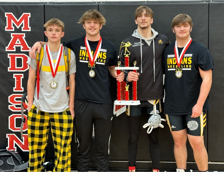 MilanSchoolCorp's tweet photo. Milan Wrestlers WON the Mohawk Invitational at Madison, Ohio today. Matthew Baylor, Kaleb Wilburn, Cameron Gilb and Zane Richardson all took home first place. Many other wrestlers also did a great job and placed. We are proud of your accomplishments! #weRmilan https://t.co/18sL5QFnxI