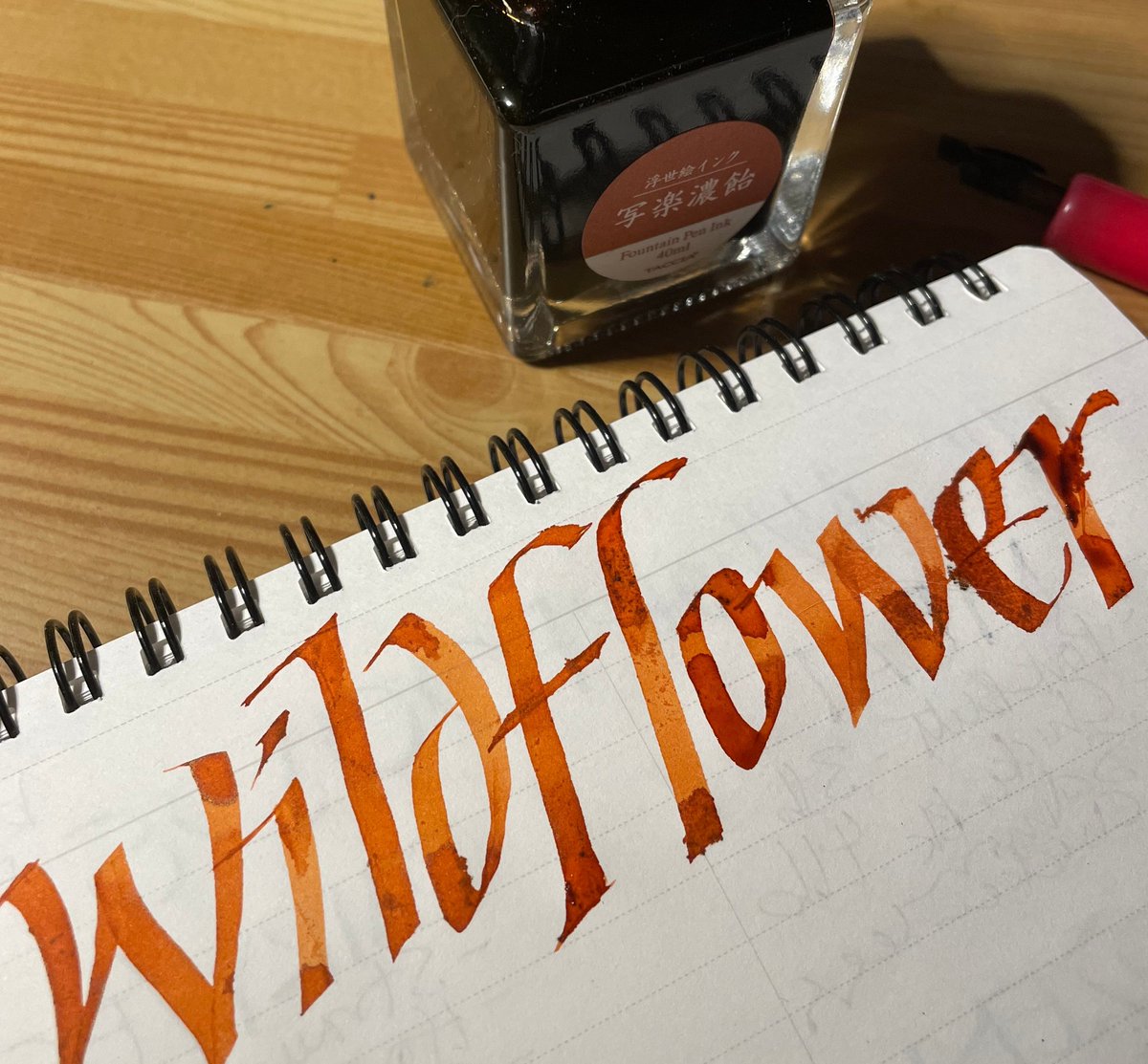 🧡🧡 Taccia Ukiyo-e 写楽  濃飴 - "Syaraku Koiame" ink

✒️ Broad nib showcases sophisticated Burnt Orange shading -- even on notepad paper! 🧡
写 楽  (しゃらく) Sharaku (Edo painter)  
濃 飴  (こい あめ) koi ame (dark amber)
#jetpenshaul