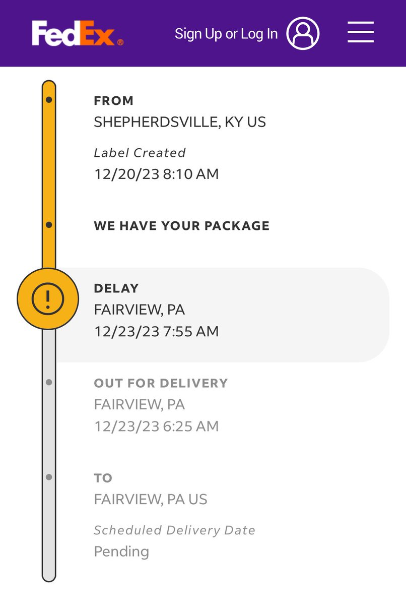 Ingersoll's tweet photo. @OliviaHungers Truth… it’s sitting less than a mile away with no explanation as to why it wasn’t delivered thus morning, and no hope of seeing it until Tuesday now. Argh! https://t.co/0BnrLkxVQE