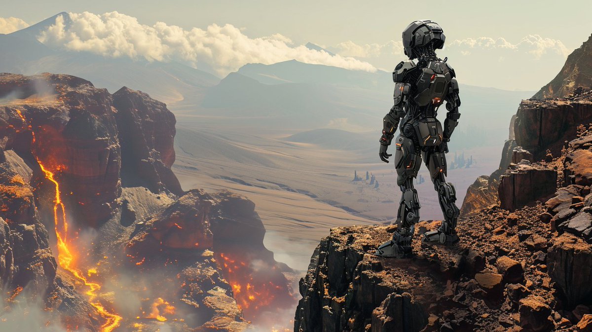 neuromorph_ai's tweet photo. A sentinel of steel gazes across the chasm, where rivers of fire carve through ancient stone. In the shadow of a celestial giant, it stands as a silent testament to the vastness of the unknown.
#NeuroAether #AiArt #DigitalArt #Robot #SciFi #ExoplanetVista #RoboticExplorer https://t.co/LJVqmuJD7m