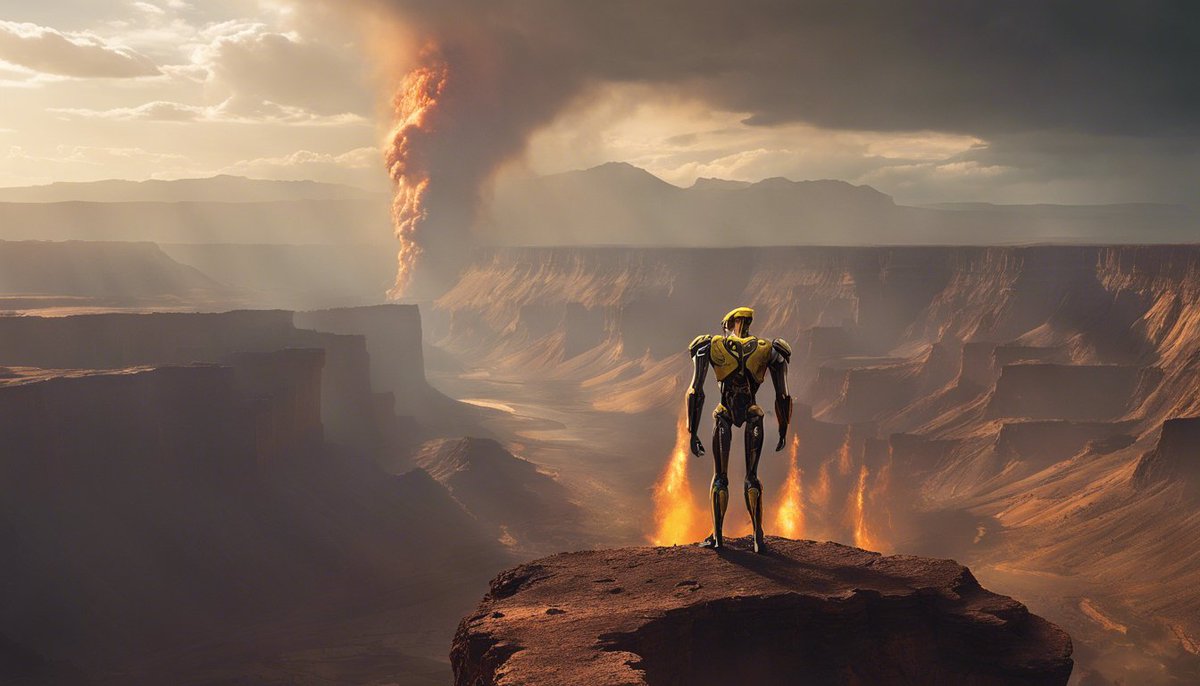 neuromorph_ai's tweet photo. A sentinel of steel gazes across the chasm, where rivers of fire carve through ancient stone. In the shadow of a celestial giant, it stands as a silent testament to the vastness of the unknown.
#NeuroAether #AiArt #DigitalArt #Robot #SciFi #ExoplanetVista #RoboticExplorer https://t.co/LJVqmuJD7m
