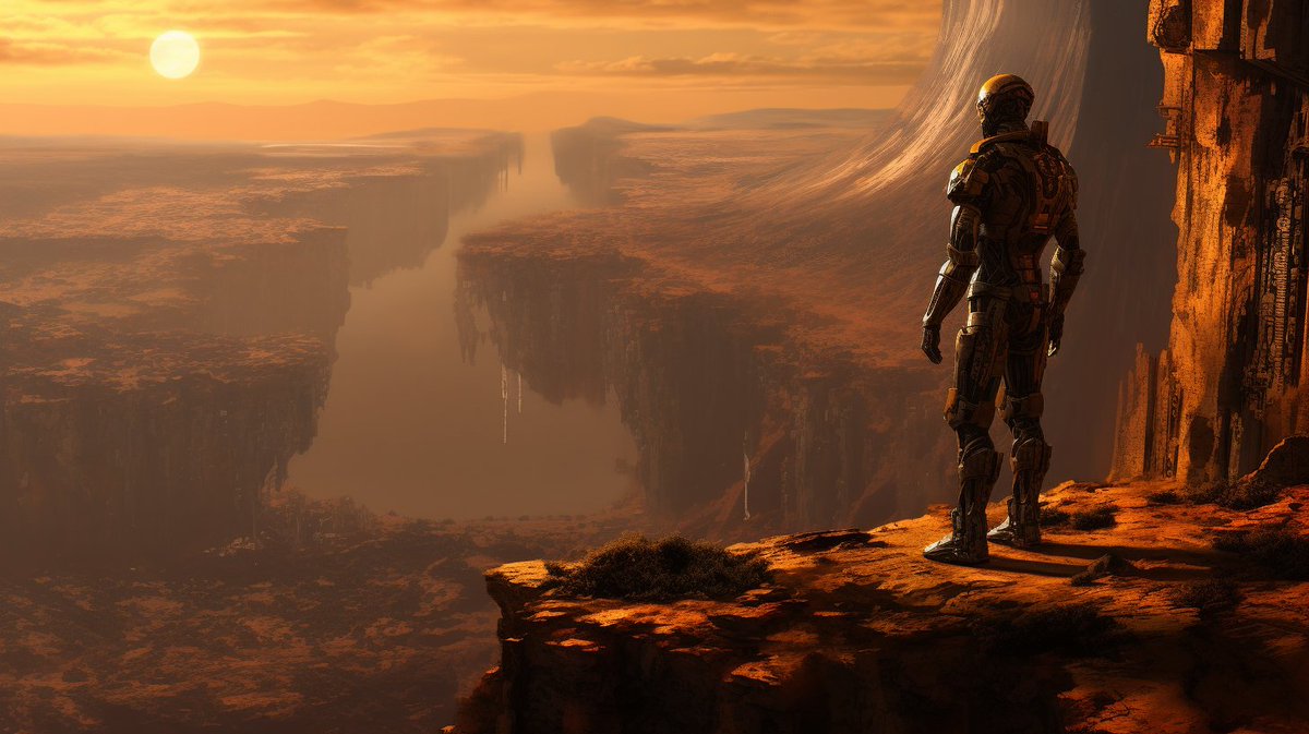 neuromorph_ai's tweet photo. A sentinel of steel gazes across the chasm, where rivers of fire carve through ancient stone. In the shadow of a celestial giant, it stands as a silent testament to the vastness of the unknown.
#NeuroAether #AiArt #DigitalArt #Robot #SciFi #ExoplanetVista #RoboticExplorer https://t.co/LJVqmuJD7m