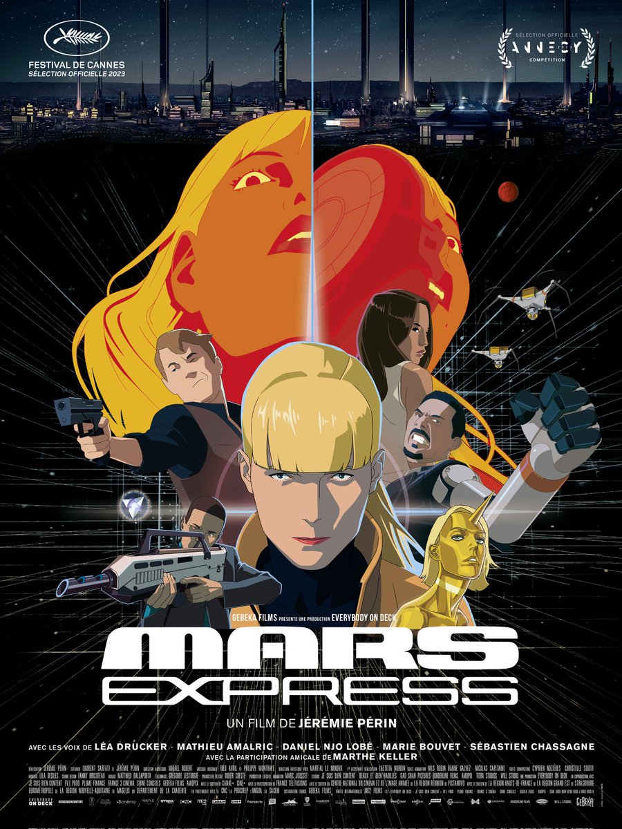 CeliaAtParis's tweet photo. 🇫🇷🎬🪐🚀🤖 156 535 entrées seulement pour Mars Express de @JeremiePerin distribué par @GebekaFilms : je suis tristesse 🥺

Ce n'est pas faute d'y être retournée accompagnée à chaque fois... pourquoi cela ne décolle paAaAaAaAaaaas !?!?!!!!!!!!! 😤 
Ce film mérite au moins le million ! 

L'animation n'est pas une technique de mise en scène devant se cantonner au jeune public, et la perception qui va avec !
Un film d'animation peut totalement enthousiasmer des adultes !

Il y a TOUT dans ce film pour être dans le cœur des publics & des shortlists de compétitions de meilleur film d'animation ( @Les_Cesar, @TheAcademy ...) : un scénario original, l'écriture sombre avec des pointes humoristiques, du culot, des caractérisations bien campées de personnages complexes, une animation fluide, une très belle direction artistique, un chouette casting voix (@lea_drucker @DanielNjo_Lobe @Marieraphael @SbastienChassa1), des clins d'œil faisant palpiter mon imaginaire cinéphile (Kon, Cameron, Oshii, Kubrick...), etc.., et de l'émotion : quand Carlos pleure, je pleure 😭

💿 je n'ai plus qu'à attendre une édition vidéo en blu-ray pour me persuader qu'on n'a pas enterré trop vite le chef d'œuvre de l'animation adulte des années 2020...