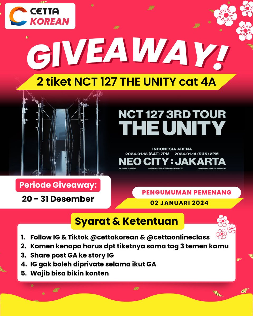 cettaonlineclas's tweet photo. Annyeong Chingudeul‼️‼️ 

Cetta Korean adain giveaway 2 Tiket NCT 127 The Unity CAT 4✨️✨️

Caranya gimanaa?? Klik link dibawah ya😉😉
https://t.co/cad0a1CQDz https://t.co/H5rgwO5tgj