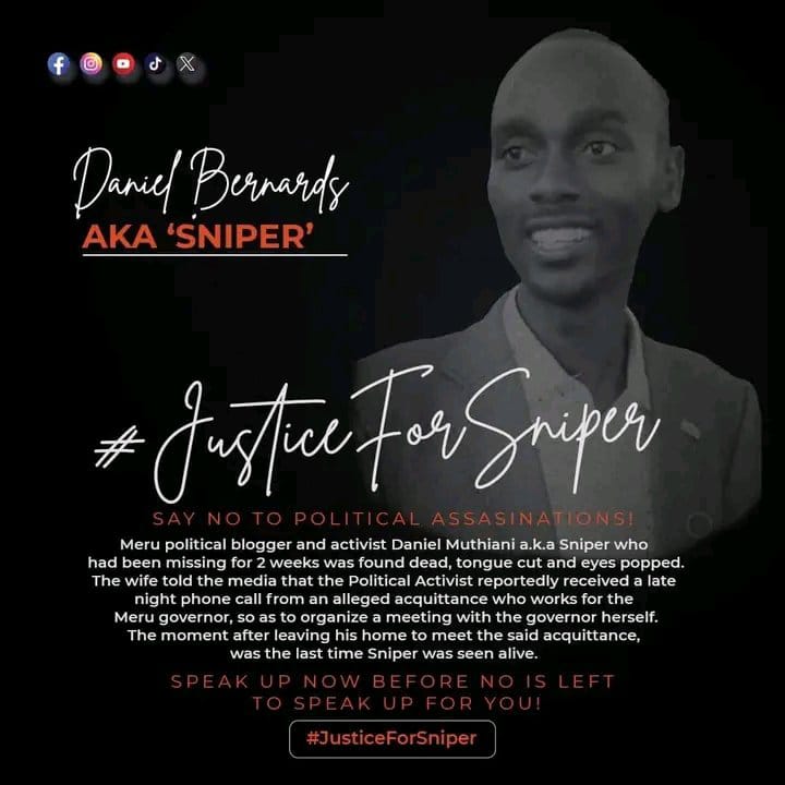 We must speak up justice delay is justice denied .
Who wanted Sniper death.
#JusticeForSniper
Meru Bloggers