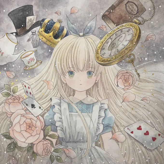 終わりと始まりを感じる作品をと思い 2点描きました  あえていつもとアリスの表情変えてます  「お茶会の終焉」 「君は扉を開けて」  #ONEW_pm
