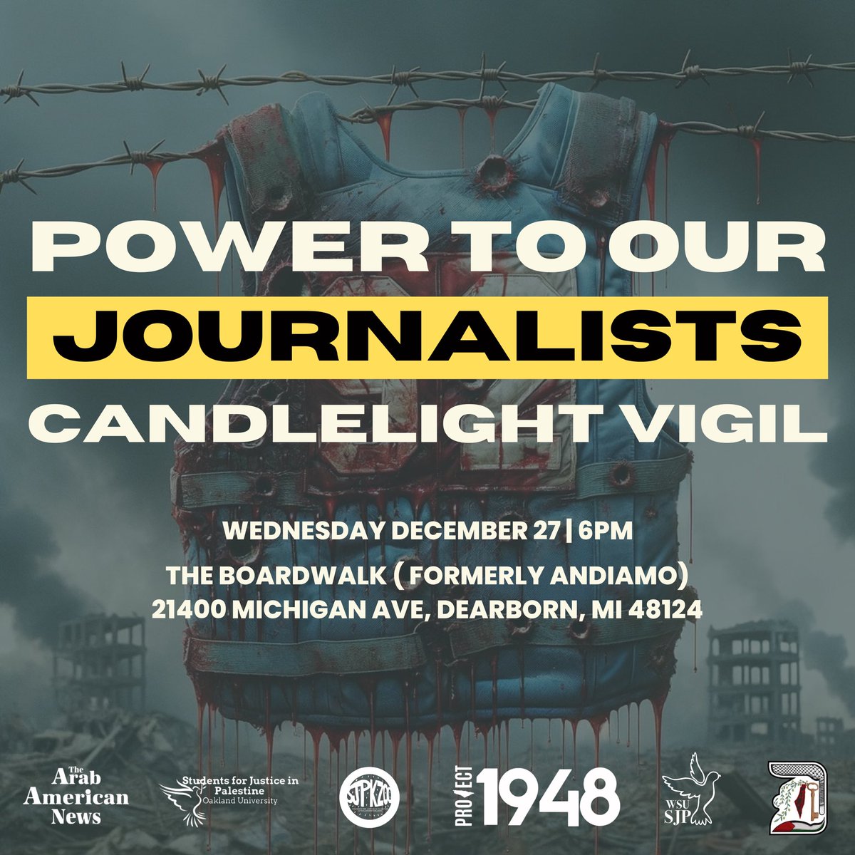 Project1948's tweet photo. Join us on Wednesday, December 27th on the corner of Michigan Ave and Brady for a community candlelight vigil as we honor the courageous journalists reporting on Gaza, and those who have been martyred. 🕯️ 

#FreePalestine #Project1948 https://t.co/WbIQxobQ6X