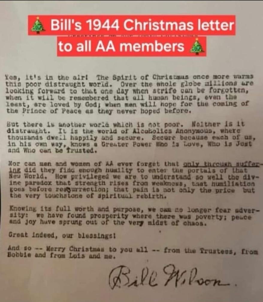 eastlancsaa's tweet photo. #BillW #BillWilson #Christmas letter to #AA #AlcoholicsAnonymous members
Have a safe, #Sober and peaceful festive season!
#Sobriety #Recovery #WeDoRecover #RecoveryPosse #ODAAT
#Christmas2023 https://t.co/QcFSSwbVid