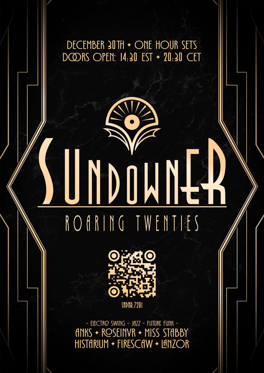 ITS OFFICIAL, #SUNDOWNERVR IS BECOMING A THING!!! Get ready to travel back in time to the roaring twenties! A killer lineup featuing Electro Swing, Jazz & Future Funk awaits you! DOORS OPEN: 2023/12/30 - 14:30 EST | 20:30 CET JOIN THE VRC GROUP: vrc.group/SNDNR.7281