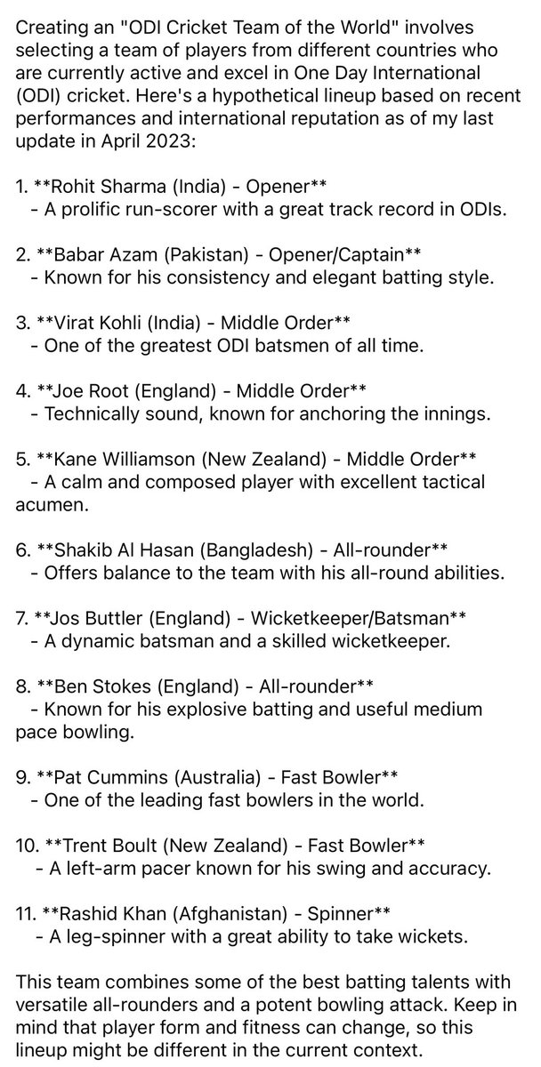 Farhan16Azhar's tweet photo. I asked #ChatGPT4 to create ODI team of the world and here’s the response 
#BabarAzam #ViratKohli #cricket https://t.co/fW9GyYQBR0
