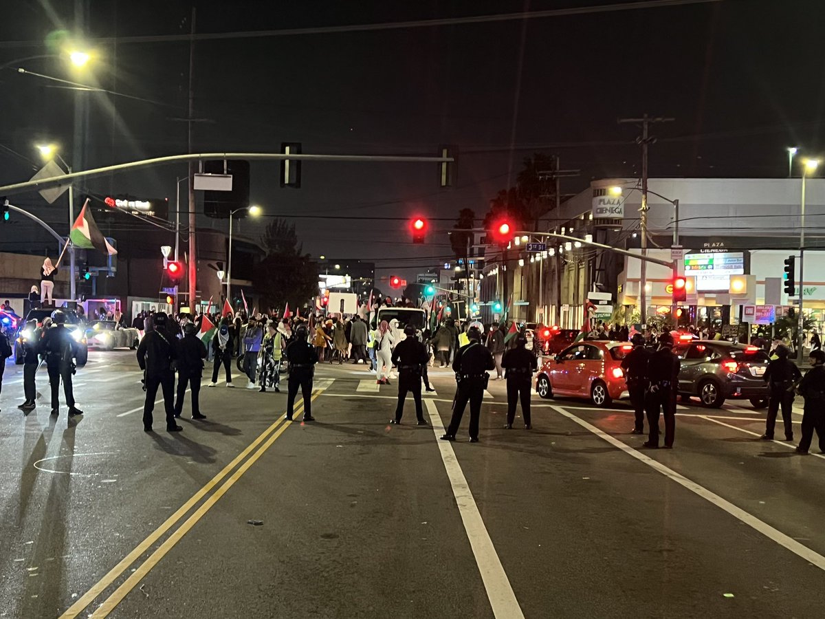 Earlier this evening approximately 425 protesters who began in Beverly Hills marched towards the Beverly Center at the height of holiday shopping. Los Angeles police officers were prepared and prevented the group from entering the crowded shopping center.