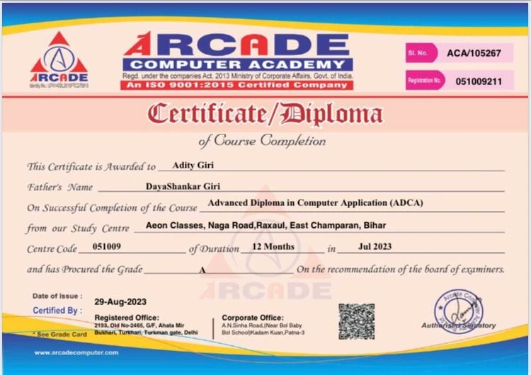 AeonClasses's tweet photo. Ctrl+Alt+Achievement Unlocked: Our student Adity Giri has just graduated from ADCA – Advanced Diploma in Computer Applications. 

She is ready to transform bytes into brilliance! 💻🌟 

#ADCAGrad #TechTriumph  #NewBeginnings #aeoncomputerclasses https://t.co/CcU9RKMwL0
