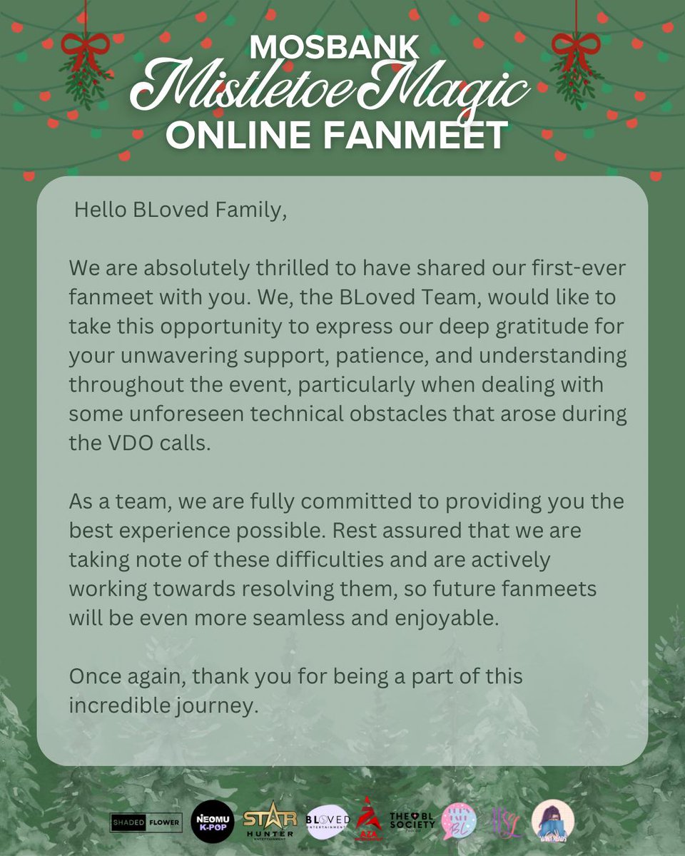blovedent's tweet photo. We just want to thank everyone once again for joining
our first online fanmeet. We will continue to work hard to
provide you with the best experience possible.
#BLovedEntertainment
#MosBank #MBxUSAonlineFanmeet
#MosBankMagicEvent
#MBxMistloeMagicxUSA https://t.co/kfVdYtJBAm