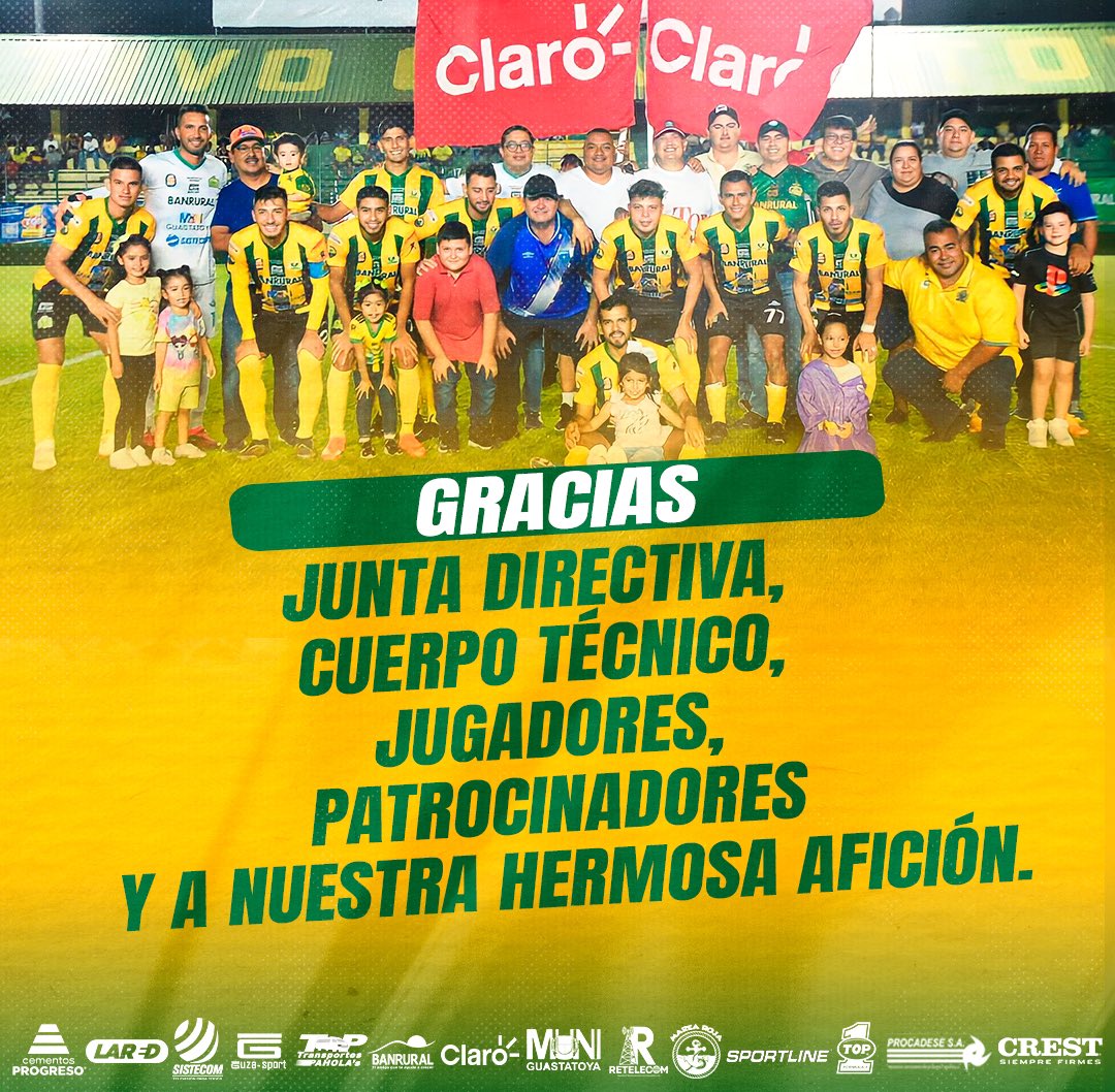 GRACIAS EQUIPO👏🏽

Mil gracias Junta Directiva, Cuerpo Técnico, Jugadores, Patrocinadores y a toda nuestra hermosa Afición que estuvo de principio a fin💪🏽🙏🏽 siempre con la frente en ALTO⚽️🟡🟢

#AguanteGuasta #YoSoyGuasta #LigaGuateBanrural