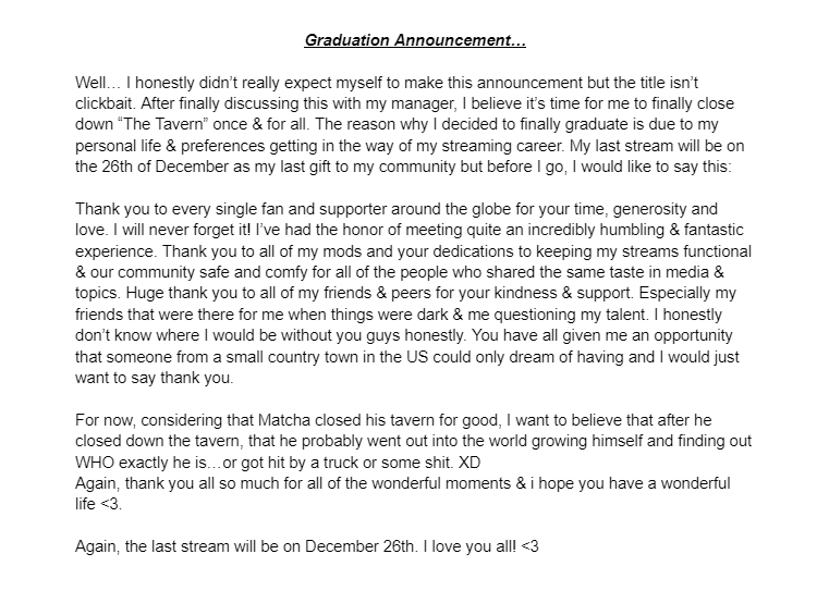 MatchaFaun's tweet image. GRADUATION NOTICE!
It was a fun run everyone! I will be opening the tavern doors one last time before I say good-bye on the 26th! I love you all so much! 💚💚💚