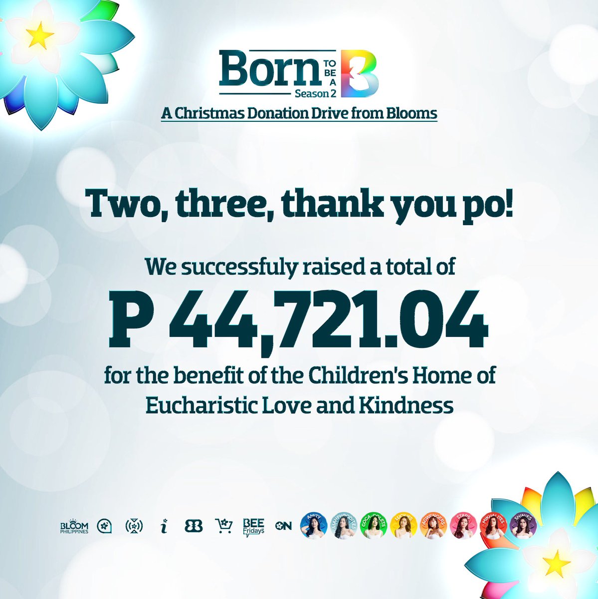 TEAMBLOOMPH's tweet photo. We have gathered a total of β±44,721.04 for our B2BAB Y2 donation project.
On behalf of Bloom PH Fanbases, thank you so much to everyone who made this project possible. May God always bless your good hearts. π€
#B2BAB #BINI #BLOOMS https://t.co/koYNj8c0YK
