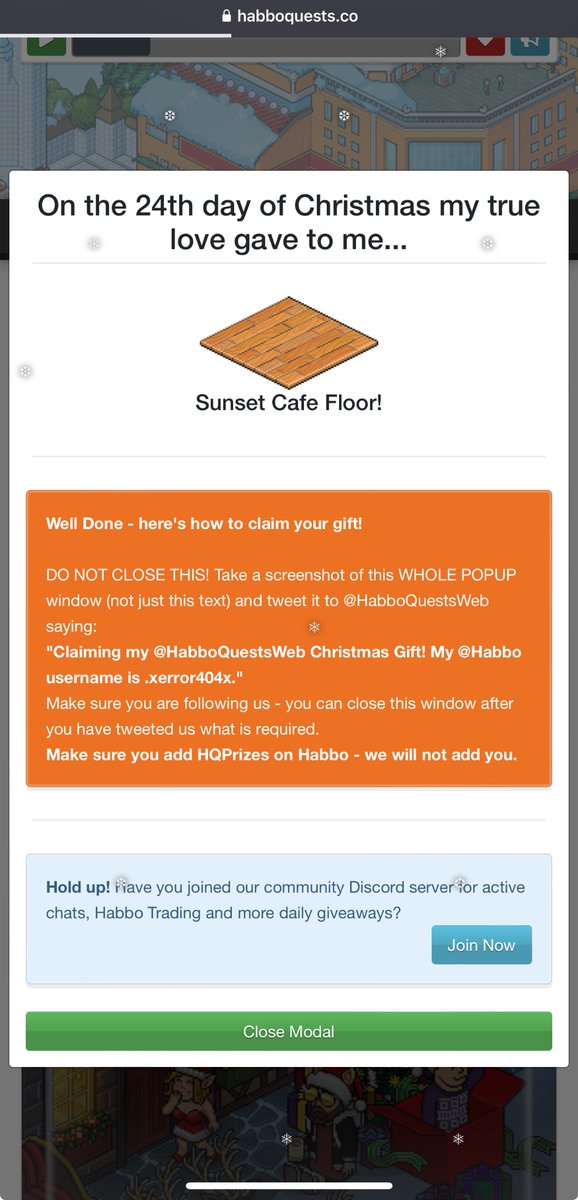 _xerror404x_x's tweet image. Claiming my @HabboQuestsWeb Christmas Gift! My @Habbo username is .xerror404x