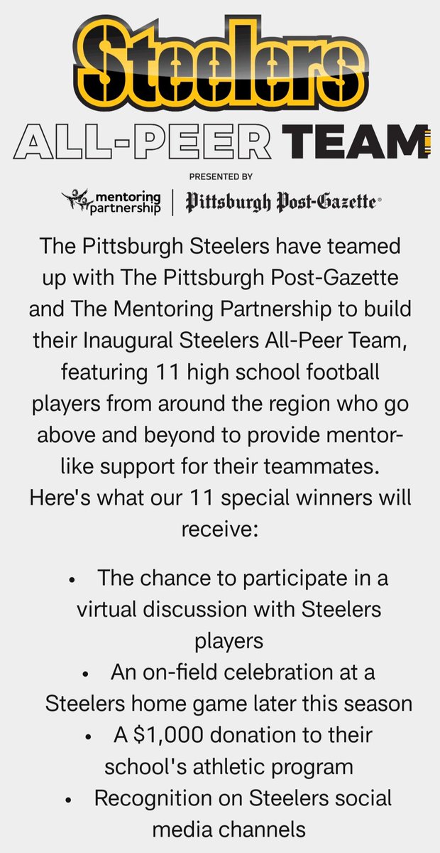 MasonWilliams76's tweet photo. Awesome day today!  Thanks to the Pittsburgh Steelers and partners, it was an amazing experience!  Congratulations to the 10 other players who were also recognized!
@BigMacsFootball @wpialsportsnews @CanonMacSports @ https://t.co/NXgpaKJDVM