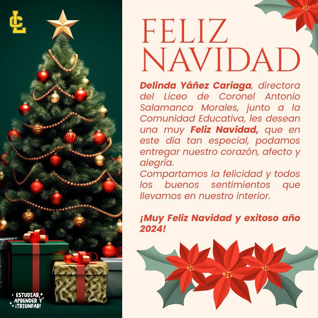 LiceodeCoronel's tweet photo. 🌟¡𝑭𝒆𝒍𝒊𝒛 𝑵𝒂𝒗𝒊𝒅𝒂𝒅! Les desea la Comunidad Educativa del Liceo de Coronel Antonio Salamanca Morales 🎄♥️ 

#FelizNavidad https://t.co/QfGNuMst5p