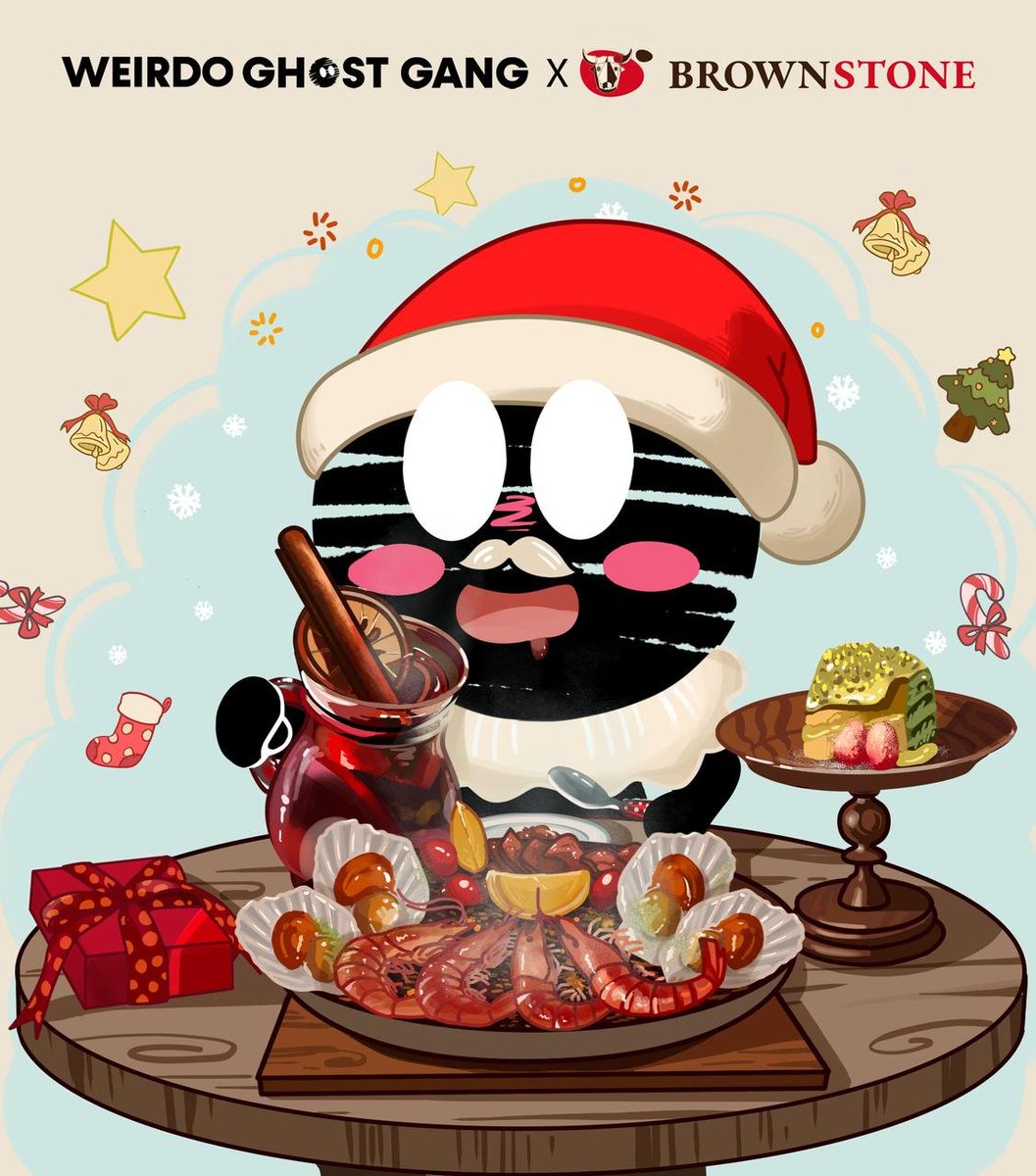 WeirdoGhostGang's tweet photo. 🎄 圣诞季来临，WGG小幽灵开启温暖速递。
本次小幽灵与知名西班牙餐厅酒吧布朗石BROWNSTONE携手呈现联名艺术画作及节日特别权益「桑格利亚热红酒」，氤氲的热气和诱人的香味慢慢驱散寒意，为你带去一份冬日独有温暖☀️

✨在特别的夜晚，小幽灵陪你共度美好时光🕊️
🍷WGG Holders活动期间至BROWNSTONE布朗石西班牙餐厅上海任意门店内可领取桑格利亚热红酒一杯。

🎁关注我们，转发本条内容并圈出你最想跟TA一起过圣诞的好友，我们将抽出5位朋友送出BROWNSTONE布朗石西班牙艺术马克杯。
活动时间：12/24-1/24
📍：BROWNSTONE布朗石西班牙餐厅上海门店
